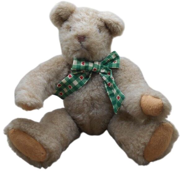 Classic Jointed Teddy Bear Beige Green Plaid Bow 12" Tall Unbranded - Picture 1 of 7